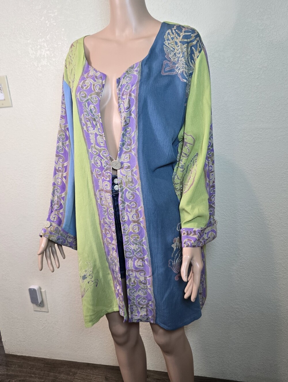 Soft Surroundings 100% Rayon Teal Green Purple Button Blouse Overlay Tunic  2x - Picture 9 of 14